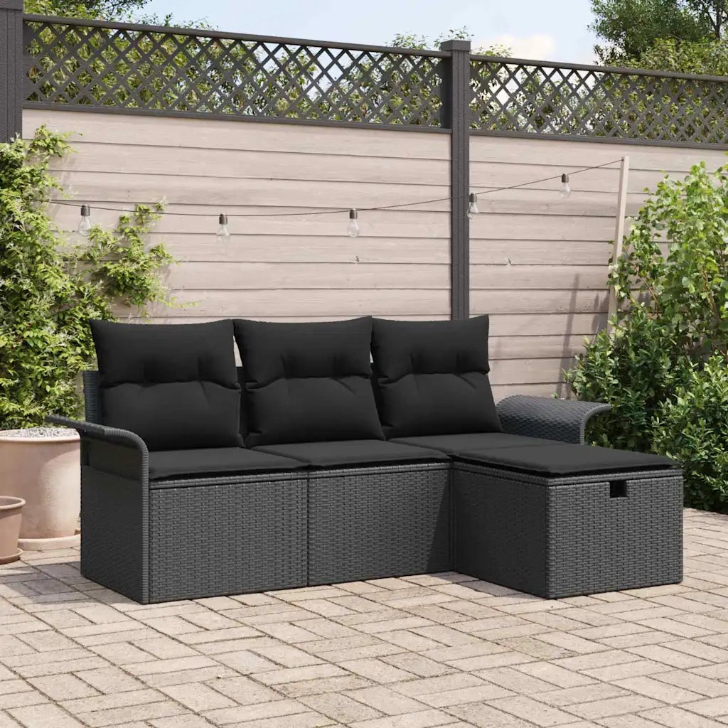 Set Divano da Giardino con cuscino 4 pcs Nero polyrattan