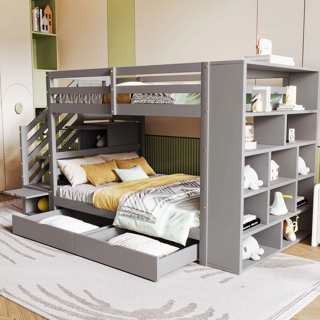 Letto a castello 90x200 cm con scala contenitore e cassetti, grigio