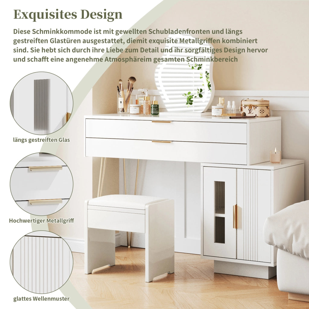 OKWISH Toeletta con 2 Cassetti, Specchio LED 3 Modalità e Mobile Laterale Scorrevole, per Camera, Pannelli, Bianco, 100×40×78 cm
