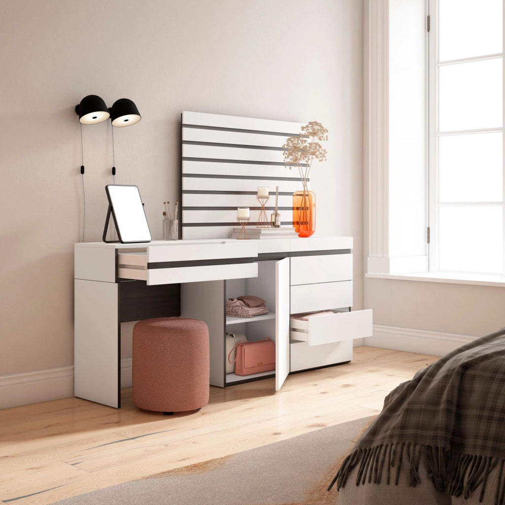 Tavolo da toeletta, 177x35x145cm, Con cassetto, Cassettiera, Pannelli Decorativi, Bianco RF3458