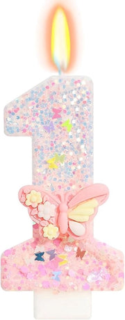 Candela di compleanno numero 1 rosa con decorazione da torta farfalla per la prima festa di compleanno della bambina