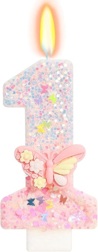 Candela di compleanno numero 1 rosa con decorazione da torta farfalla per la prima festa di compleanno della bambina