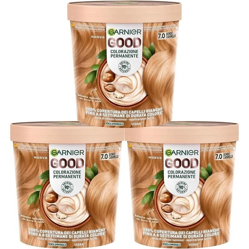 SET 3 GARNIER GOOD TINTA CAPELLI 7.0 BIONDO CARAMELLO COLORAZIONE PERMANENTE SENZA AMMONIACA 90% NATURALE