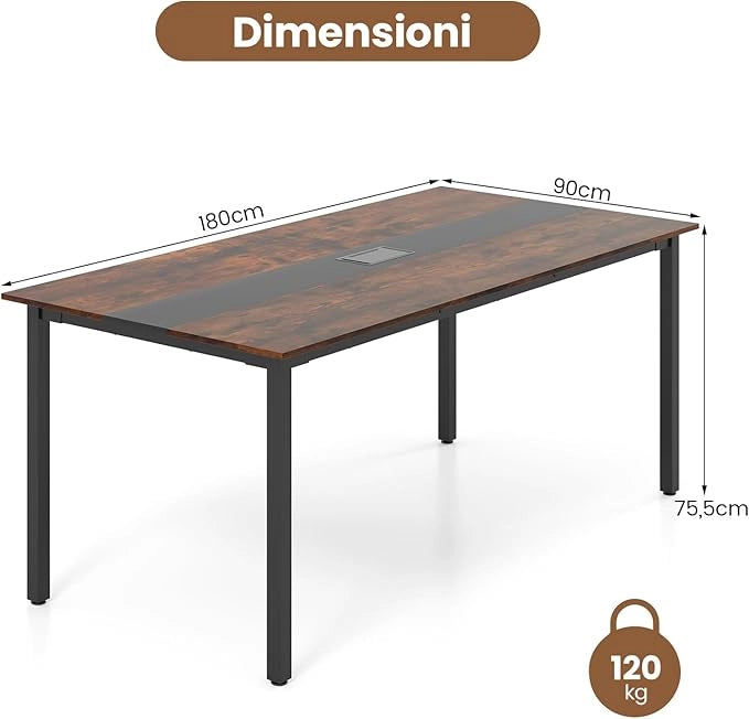 Tavolo da Conferenza 180 x 90 cm, Tavolo Rettangolare Grande per Riunioni per 8-10 Persone con Passacavi per Ufficio e Sala Riunioni