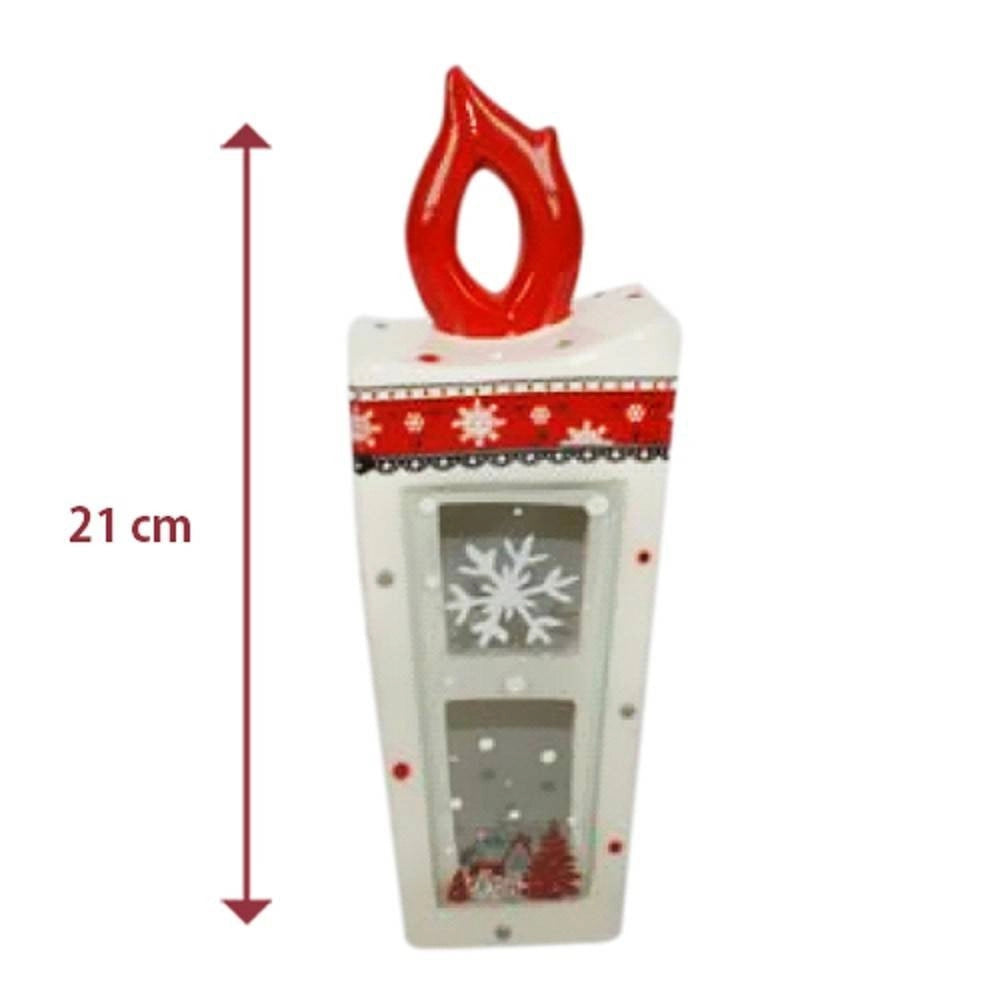 Trade Shop - Lanterna In Ceramica Candela Con Lumino Elettrico 21 Cm Decorazioni Natalizie -