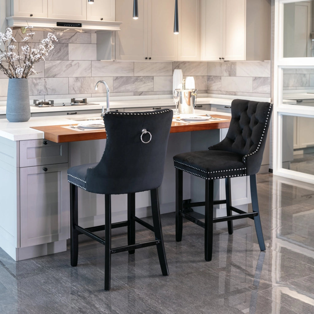 Sgabelli da Bar in Velluto con Gambe in Legno e Bottoni ¨C MINIMAL ¨C Set 2, Nero