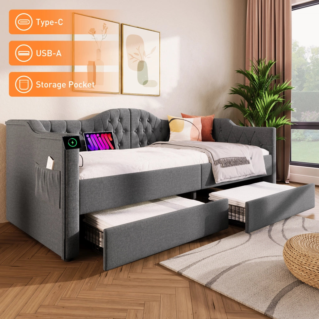 LETTO divano 90x190 cm in lino grigio con USB Type-C e 2 cassetti