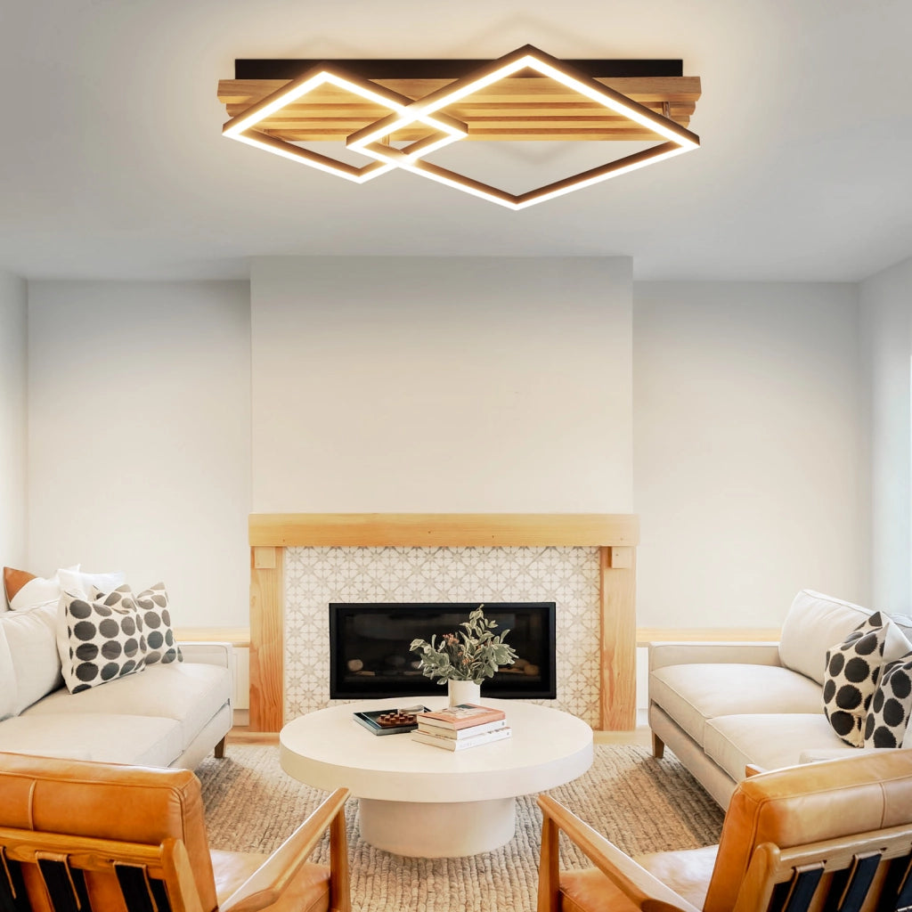 ZMH Lampada da soffitto LED in legno dimmerabile 55 cm 36W design geometrico quadrato con telecomando per camera letto