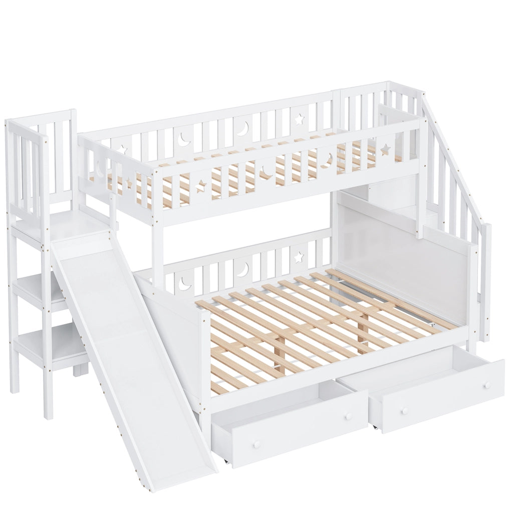 Letto a castello per bambini con scivolo e scala di sicurezza; 90x200/140x200 cm; bianco in legno