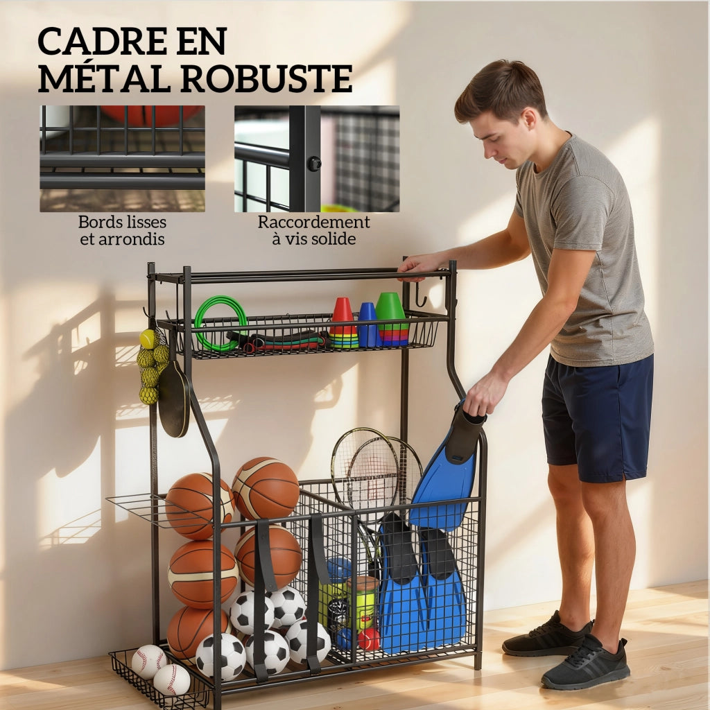 Portaoggetti Attrezzature Sportive ¨C Xylo ¨C con Cestini Ganci Cinghie 92x42x109cm Nero