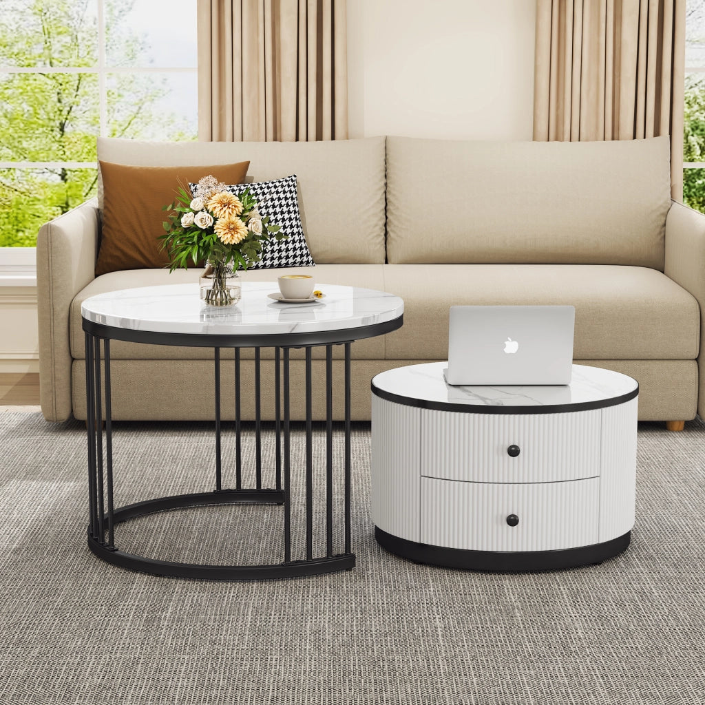 Set di 2 tavolini da salotto rotondi bianchi e neri con effetto marmo lucido, 60x60x45,5 cm e 50x50x32 cm, 2 cassetti, portata 30 kg