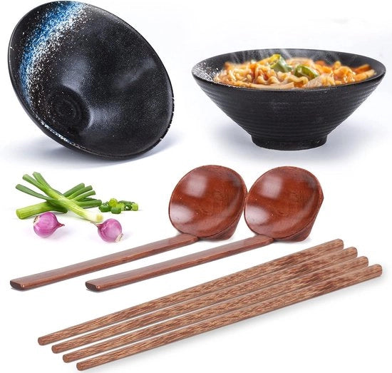 Set di 2 comuni per ramen, 6 pezzi, con cucchiaio e bastoncini per mangiare, servizio di ciotola antiscivolo per ramen, insalata, muesli, 1000 ml, 20 x 20 x 8 cm