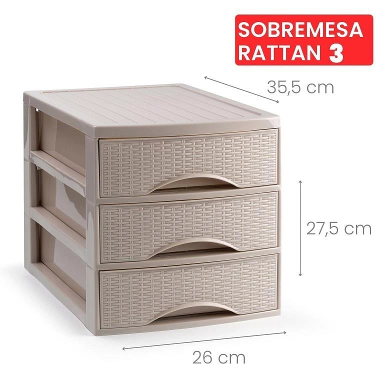 Cassettiera Organizer Effetto Rattan 3 Cassetti Tortora 26 x 35 x 27 cm