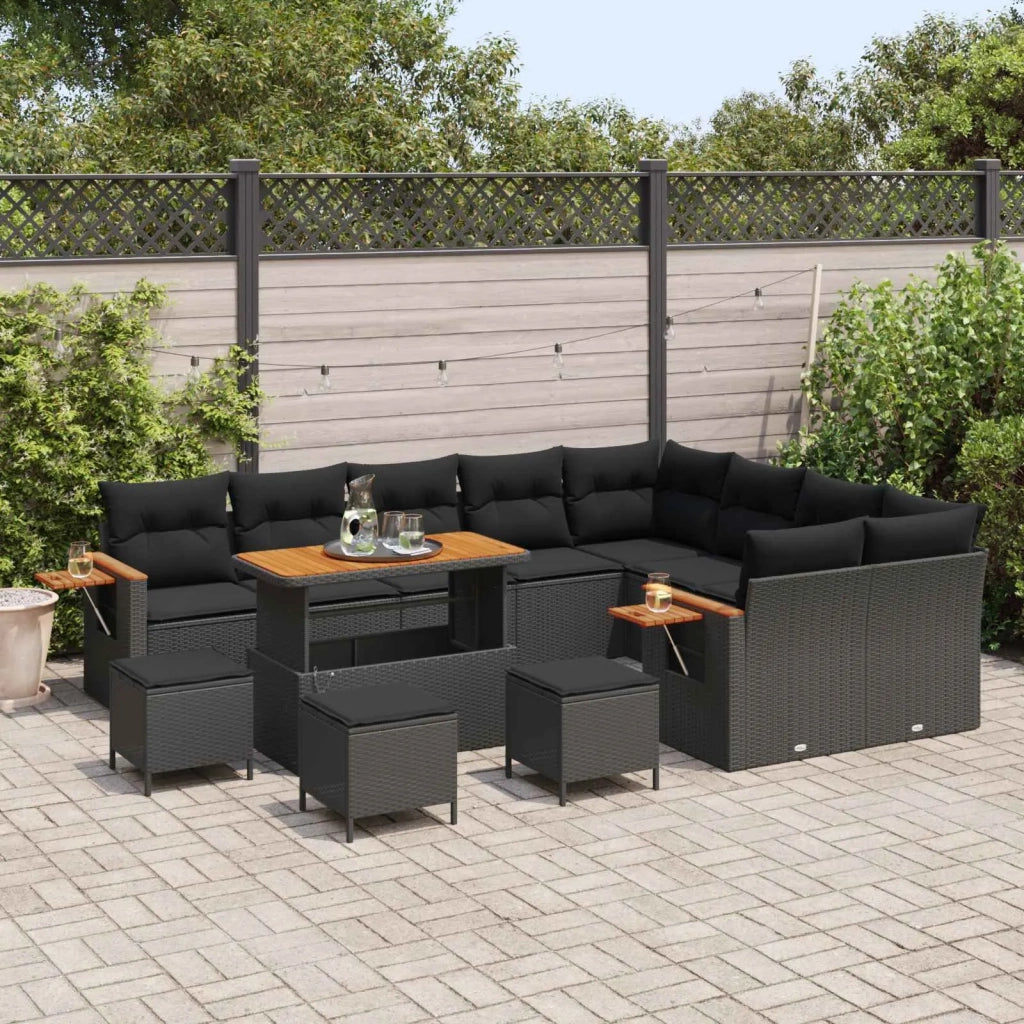 Set Divano da Giardino con cuscino 14 pcs Nero polyrattan