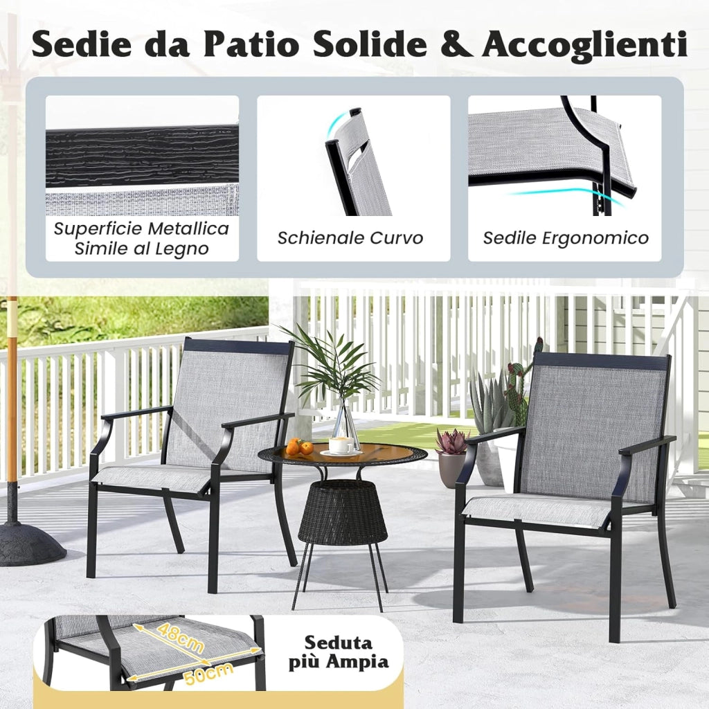 2 Sedie da Pranzo per Patio, Poltrone da Esterno con Seduta Traspirante e Telaio in Metallo, Schienale Ergonomico e Braccioli, Poltrone con Schienale Alto per Portico, Cortile, Prato(Grigio)