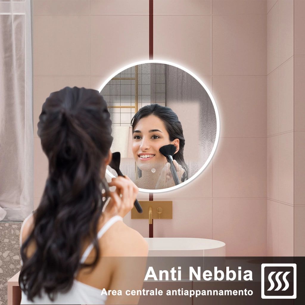 AICA Specchio da bagno 70 x 70 cm, 3 colori, antiappannamento, dimmerabile, interruttore touch, Funzione Memoria