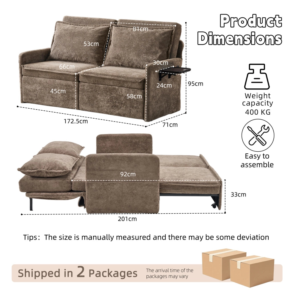 Divano letto con cuscini e USB, 3 in 1, schienale regolabile, contenitore, chenille, marrone ¨C Minimal