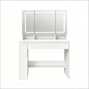 Toeletta con specchio LED; cassetto; armadietti e vani aperti per camera da letto; in MDF e vetro; bianco; 90×40×135 cm