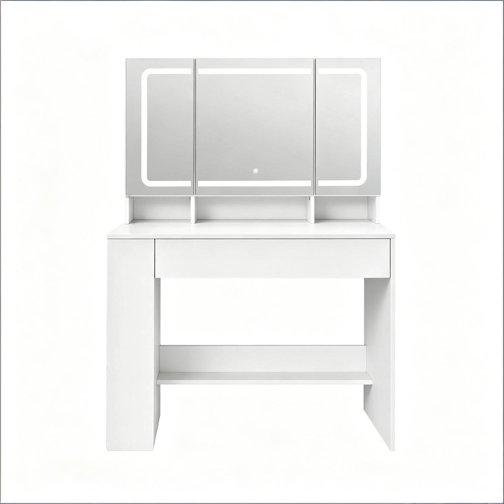 Toeletta con specchio LED; cassetto; armadietti e vani aperti per camera da letto; in MDF e vetro; bianco; 90×40×135 cm