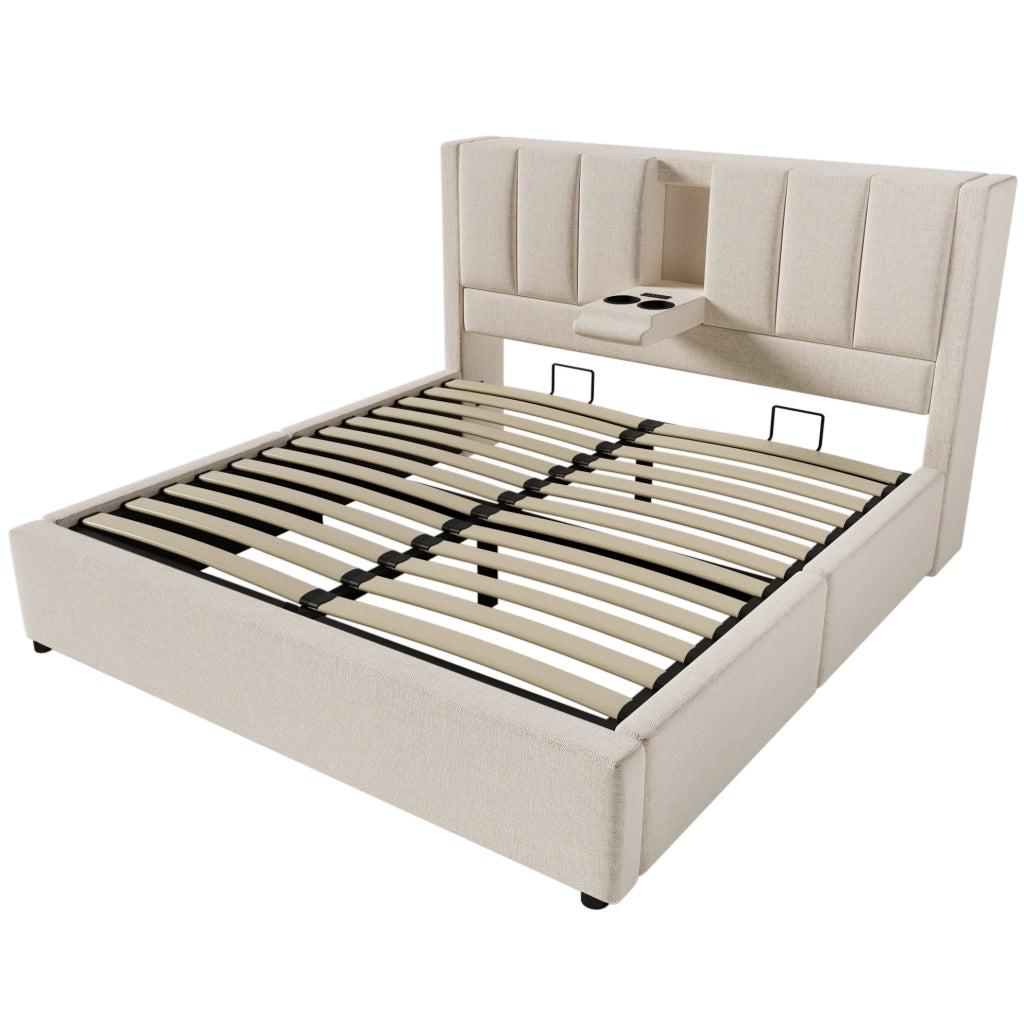 Letto matrimoniale imbottito 160x200 cm con contenitore, presa USB e portabicchieri