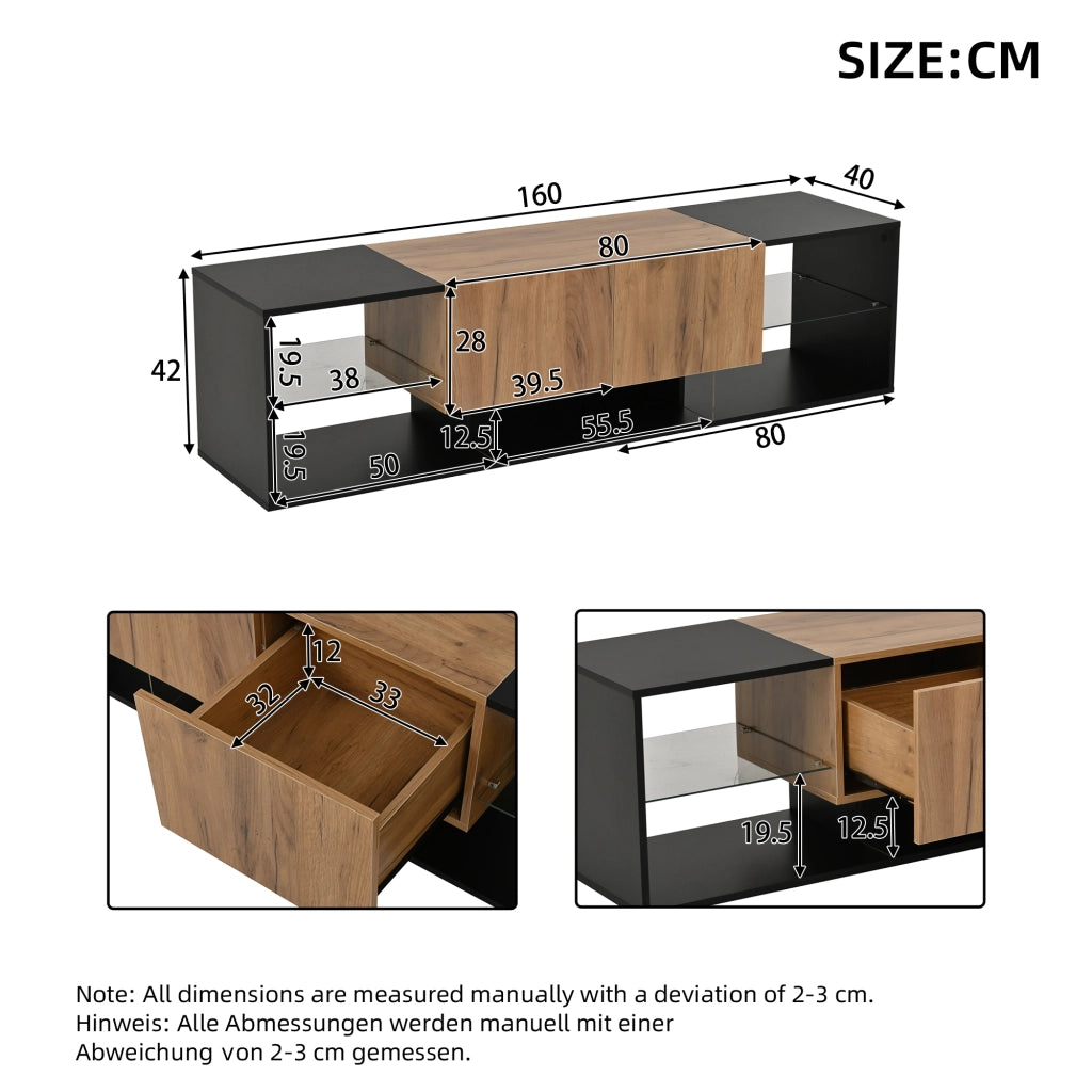 MOBILE TV con LED 160x40x42 cm Nero e effetto legno con 2 cassetti
