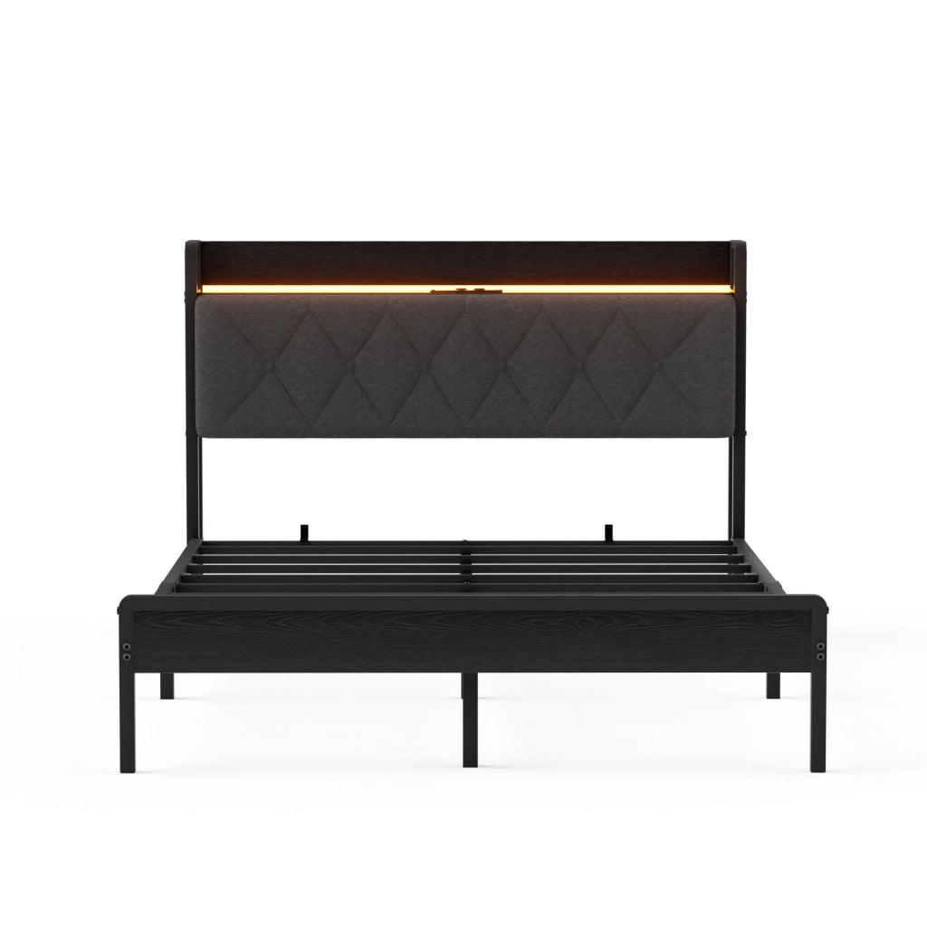 Letto imbottito 140x190 cm con contenitore; LED e USB in lino nero e grigio