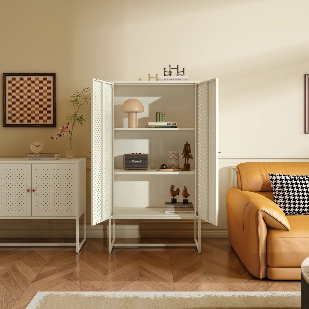 Mobile Contenitore Viitasaari Credenza Alta a 2 Ante e Ripiani 150 x 80 x 40 cm - Bianco Crema [en.casa]