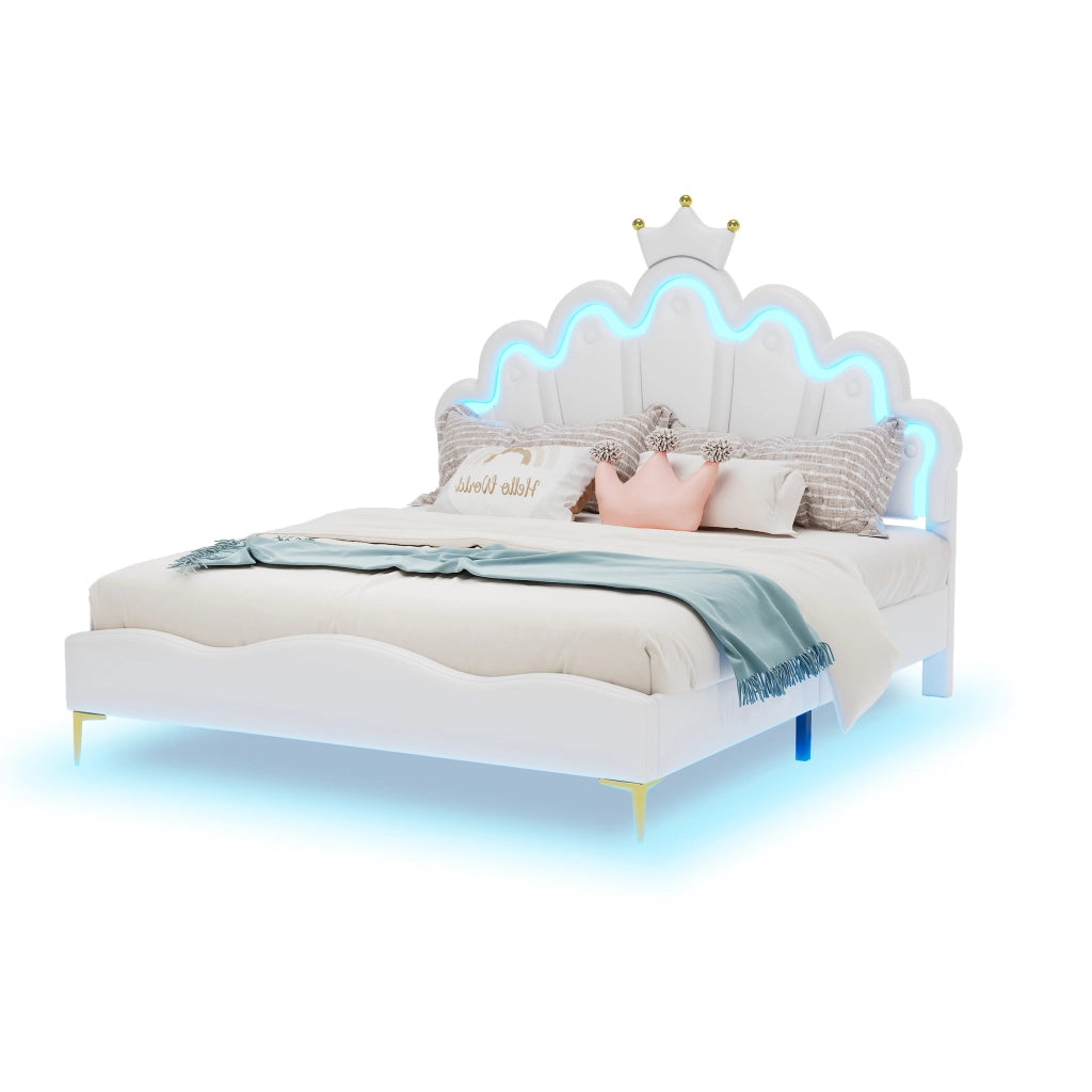 OKWISH Letto Matrimoniale 140×200 cm con LED Regolabile e Testiera Corona, Altezza Regolabile, senza Materasso, in PU, Bianco