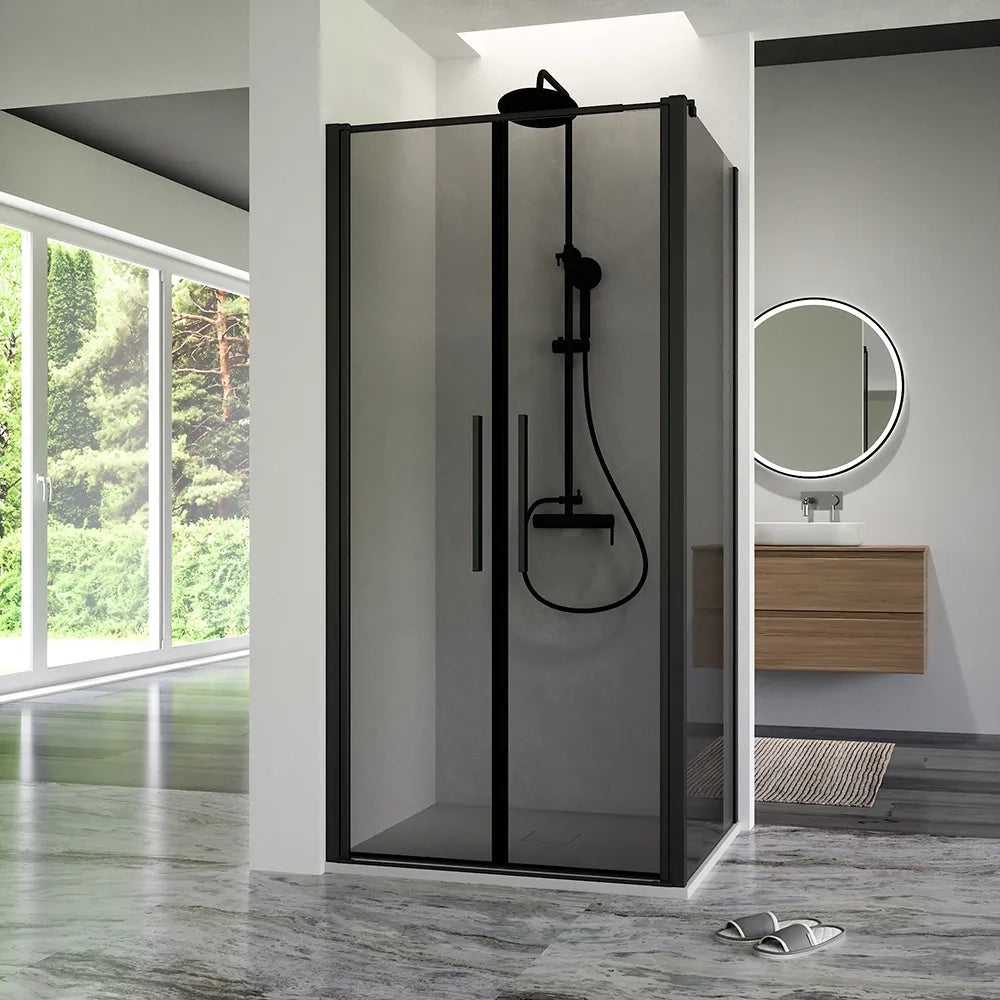 Box doccia 120x90cm con apertura saloon e parete fissa, profili nero opaco e vetro da 6mm fumè h195 | Elba