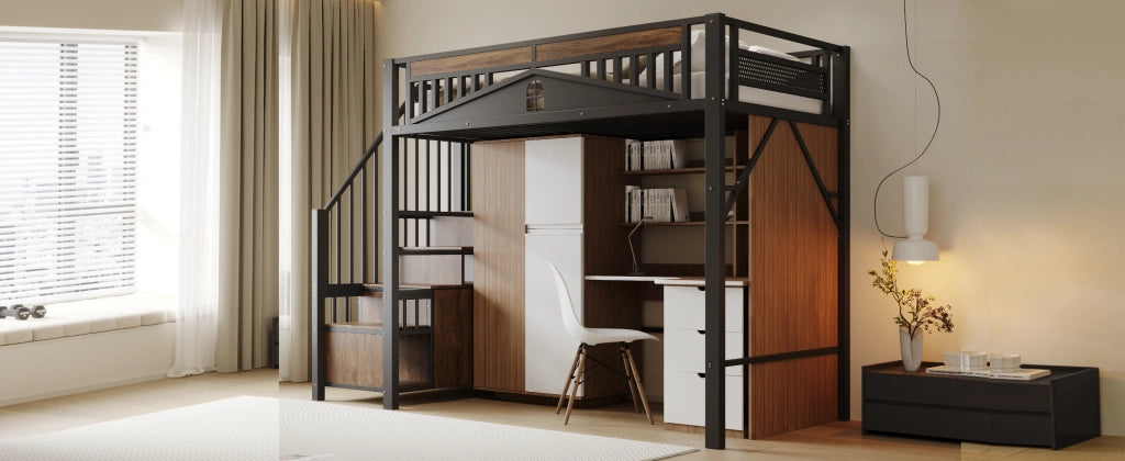 Letto a soppalco in metallo con scala contenitore; protezione a finestra e spazio sotto il letto; nero; 90x200 cm; senza materasso