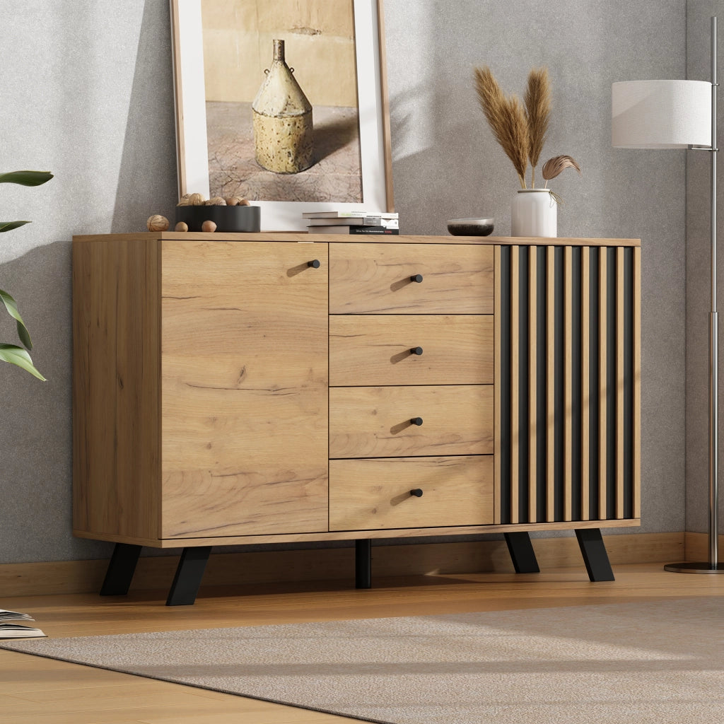 CREDENZA 120x38x75 cm MDF Nero e Legno con 4 Cassetti e 2 Ante
