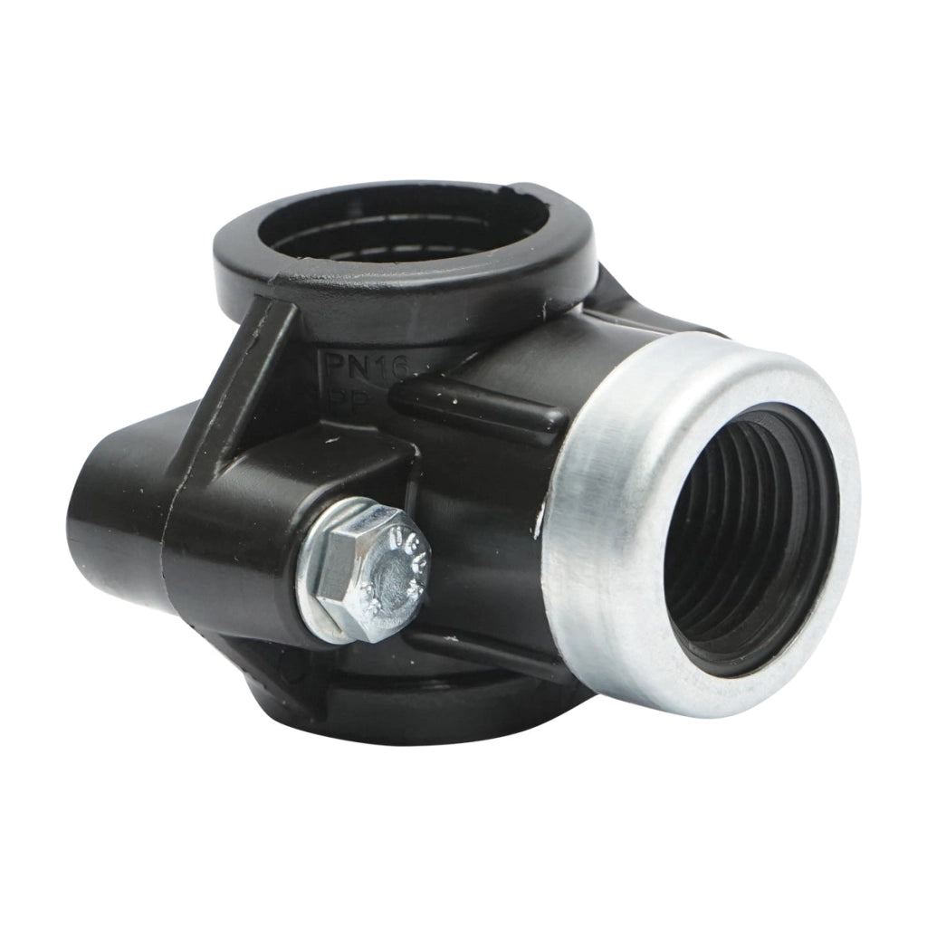 Morsetto di collegamento a compressione D25mm x 1/2 pollici, PN16, per sistemi di irrigazione.