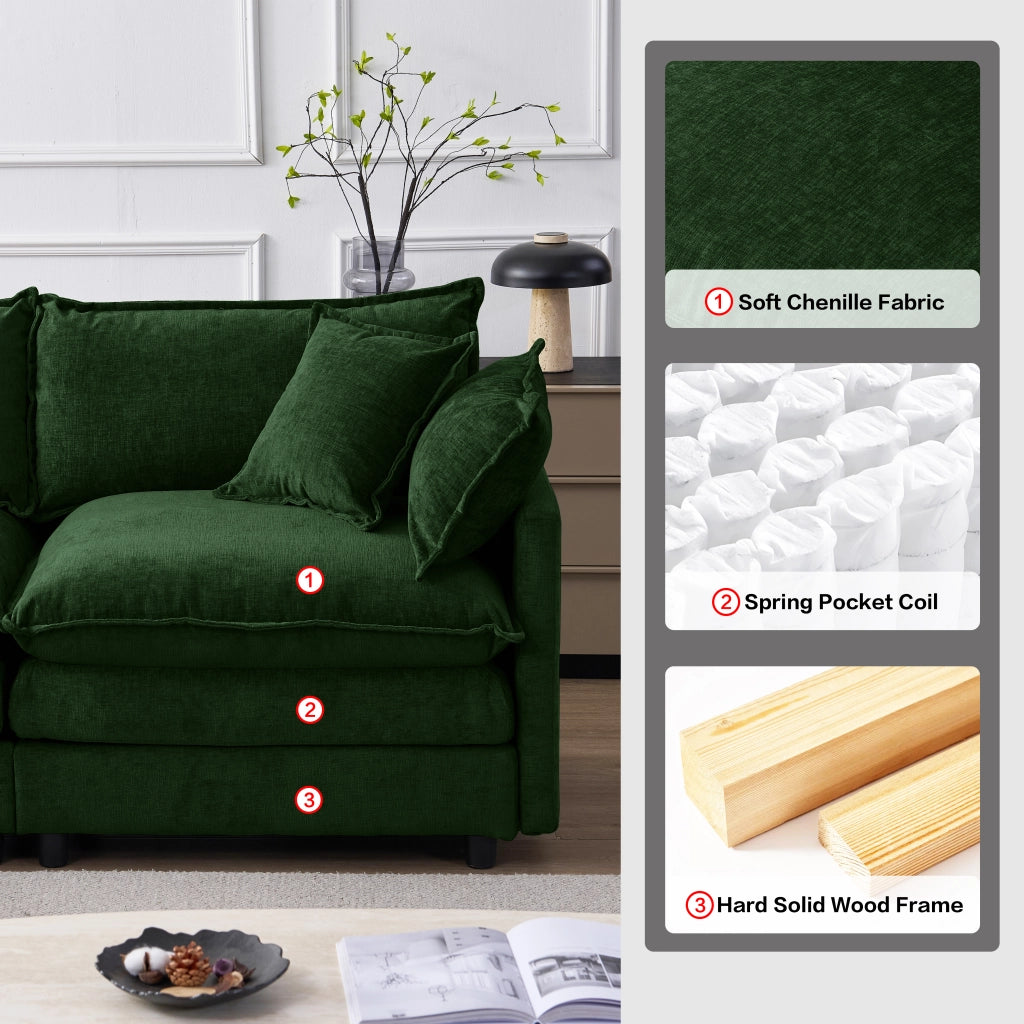 Divano angolare 3 posti con pouf mobile e cuscini sfoderabili, schienale confortevole in ciniglia verde