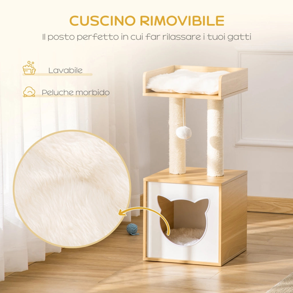 Casetta per Gatti con Pali Tiragraffi in Sisal, Cuscini Lavabili e Pallina ¨C zephmum ¨C Quercia 35x35x81cm