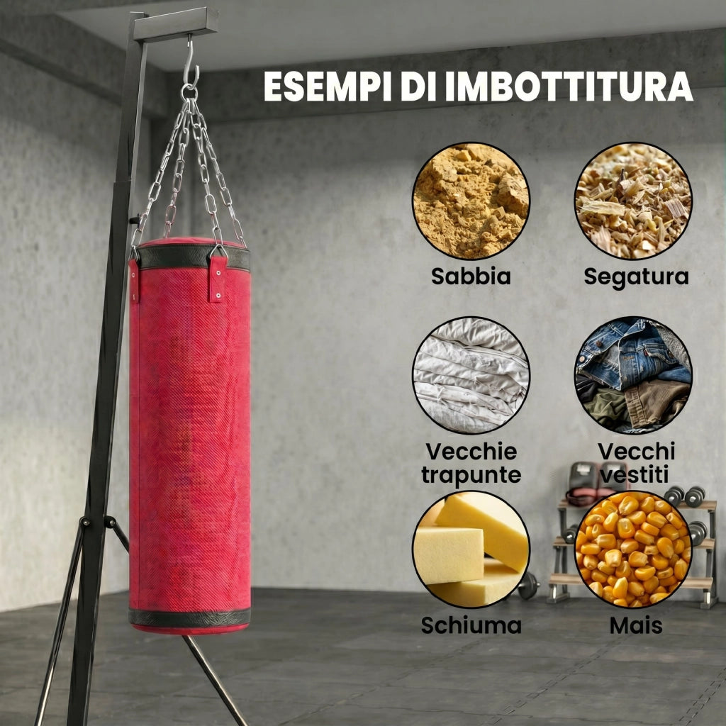 Sacco da Boxe con Supporto Regolabile ¨C Minimal ¨C Acciaio e Tela, 175x91x185-231 cm, Rosso