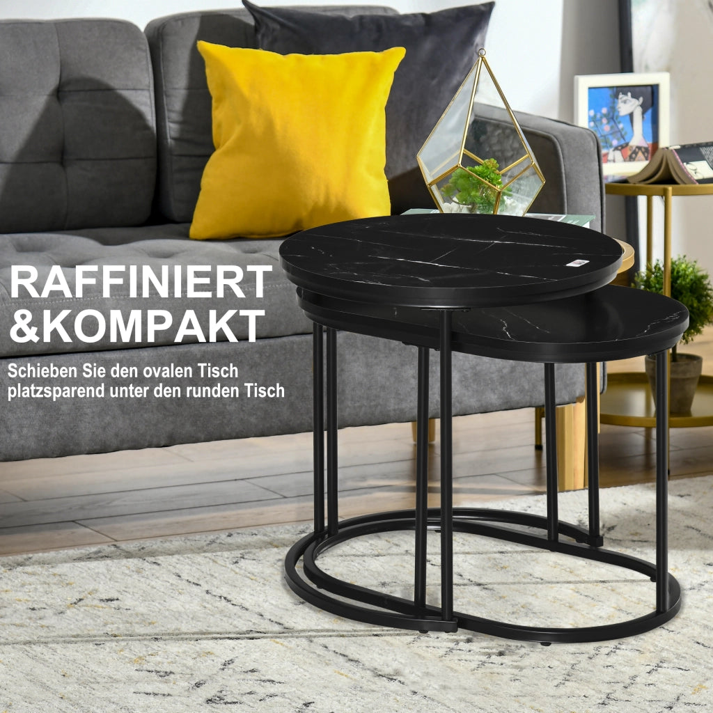 Set 2 tavolini da caff¨¨ ovali e rotondi, stapelbar, effetto marmo ¨C zephmum ¨C nero, MDF, metallo, ?50x50.5H