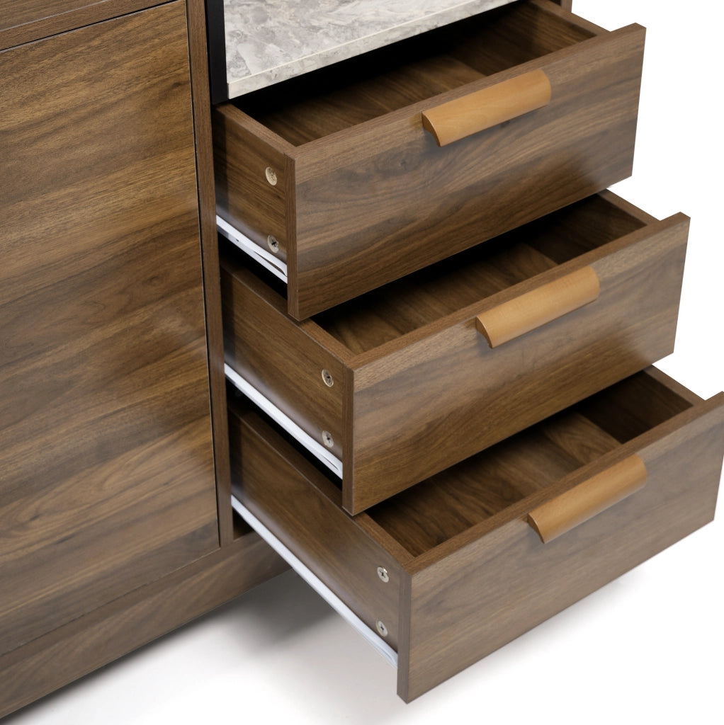 Credenza 120x40x77 cm con 3 cassetti e armadietto a 2 ante; ripiano regolabile in legno e metallo rovere scuro