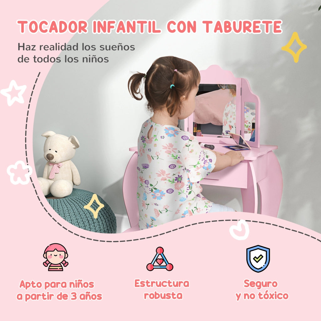 Tocador per bambini con cassetto e specchio regolabile ¨C zephmum ¨C rosa 3-6 anni