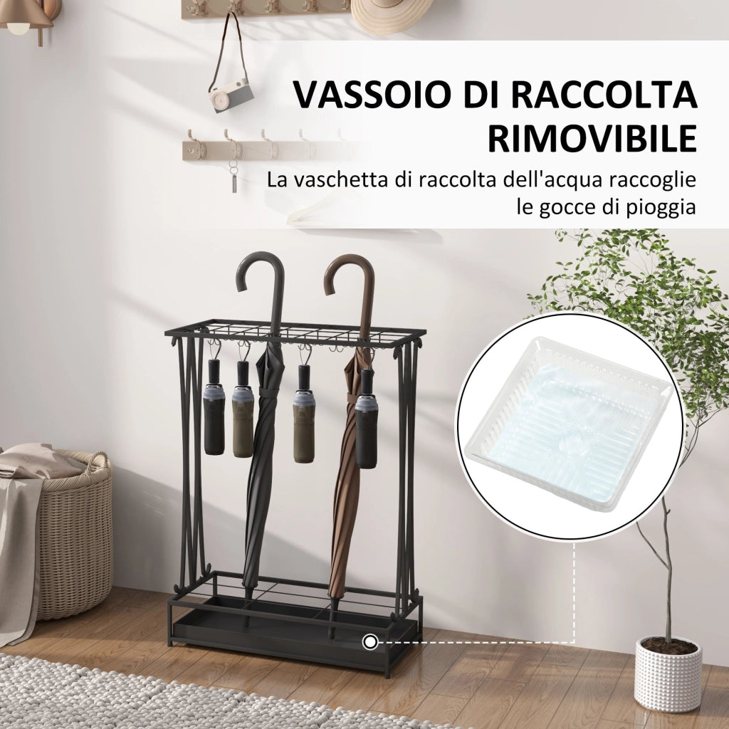 Portaombrelli 50x24x68 cm con Vaschetta per l'Acqua 21 Fori e 24 Ganci in Acciaio Nero