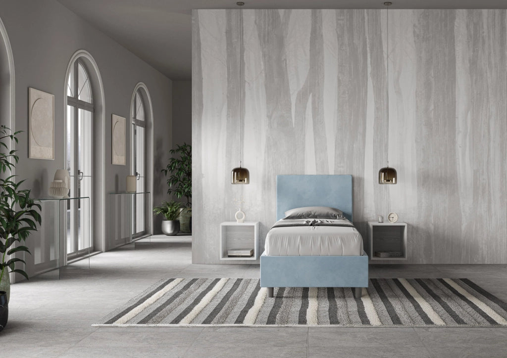 BS COM Letto singolo contenitore imbottito 90x200 microfibra azzurro