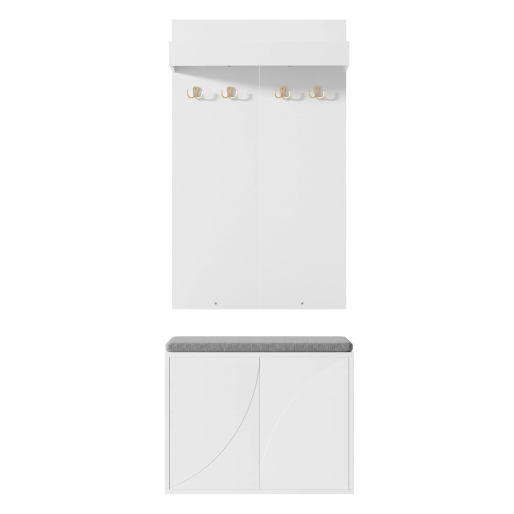 Mobile da ingresso 3 in 1 con 4 ganci, scarpiera a 2 ante e panca, per corridoio, bianco, 60 × 35 × (45 + 100) cm