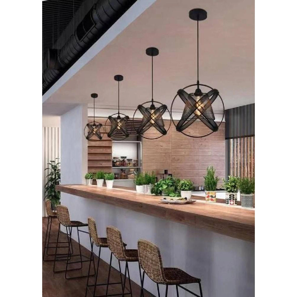 Trade Shop - Lampadario Soffitto Con Paralume 3 Anelli Metallo Traforato Nero Attacco E27 A62 -