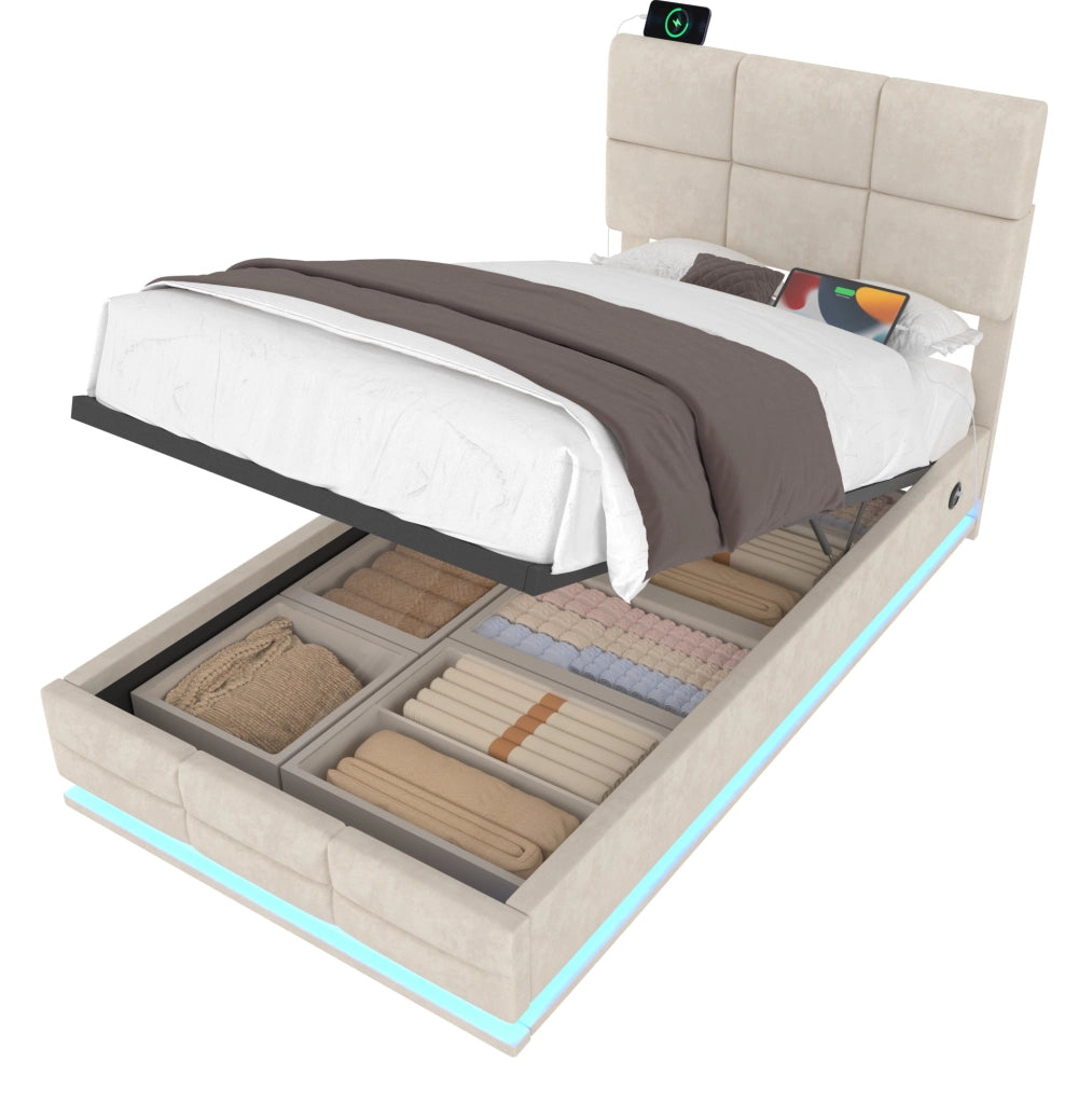 Letto imbottito moderno 90x200 cm in velluto beige con testiera regolabile; LED e USB