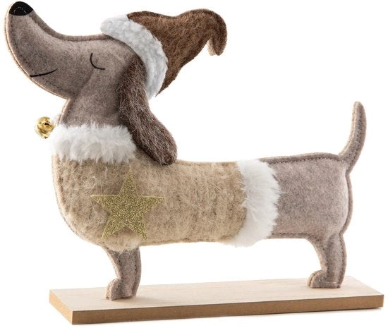 Figura decorativa cagnolino - Base in velluto e legno - Decorazione natalizia - Bottoni e stella d'oro - 27 cm di larghezza - Aspetto accogliente