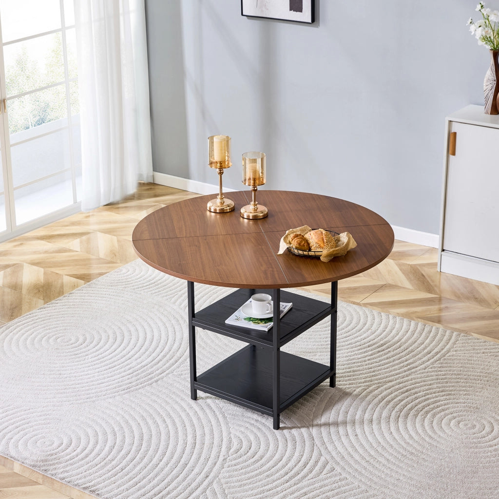 Tavolo da pranzo rotondo con diametro di 107 cm e doppio ripiano effetto noce, piano in MDF + struttura in metallo, adatto per 2-4 persone, perfetto p