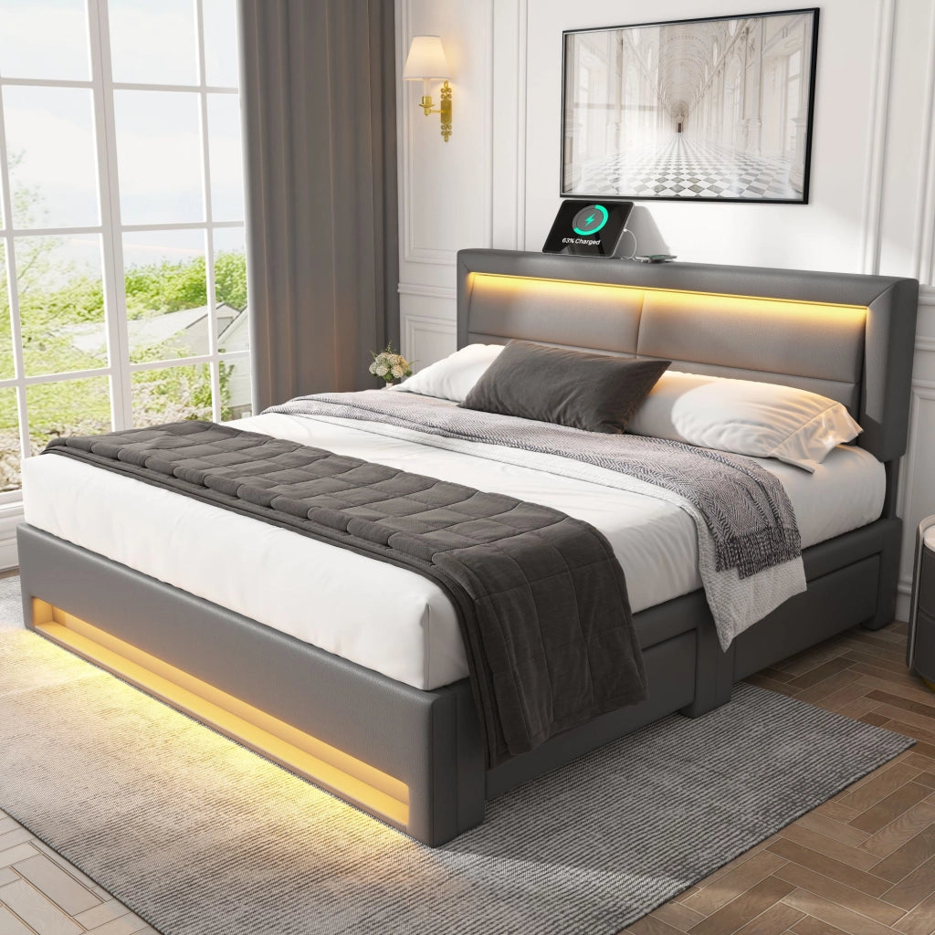 LETTO imbottito 140x190 cm in PU grigio con USB, LED e 4 cassetti