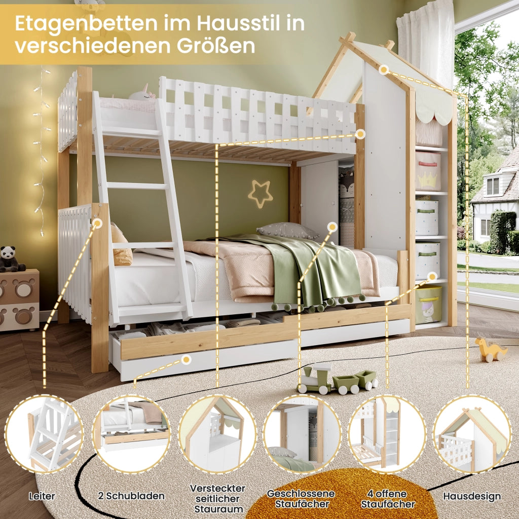 DESMIU Letto a castello per bambini 90 × 200 cm e 140 × 200 cm con contenitori, senza materasso, bianco naturale