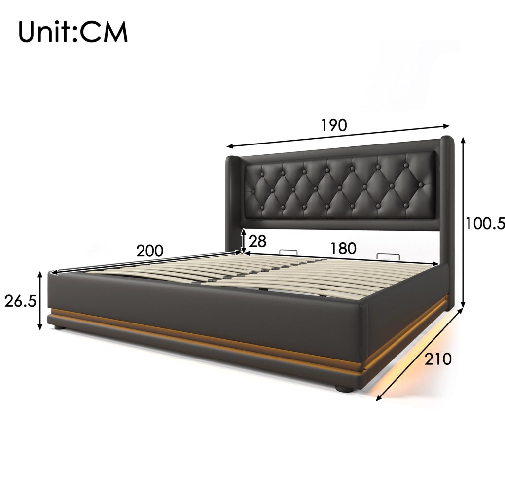Letto contenitore 180x200 cm in PU nero con LED e porte USB/Type-C