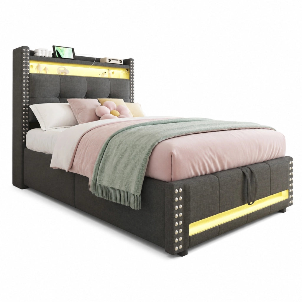 LETTO imbottito con LED, USB e contenitore 90x200 cm grigio