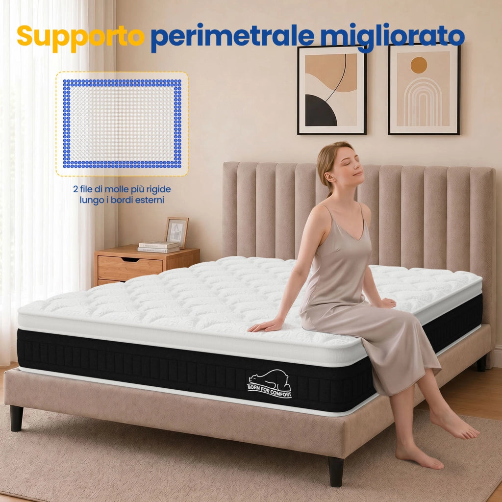 Materasso ibrido a molle insacchettate a 7 zone, spessore 25 cm, rigidit¨¤ media (H3), in memory foam, con bordi rinforzati e certificazione OEKO-TEX